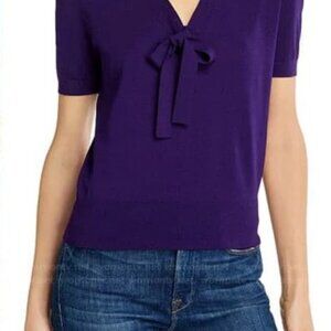 Theory Women's Purple Elodie Tie-Neck V-Neck Short Sleeve Sweater Top, sS